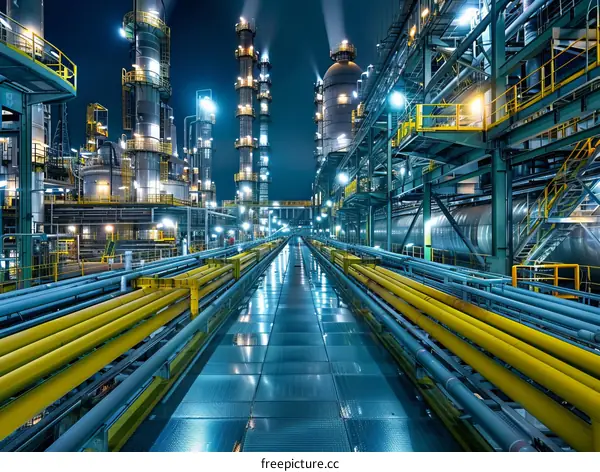 A blue and yellow industrial plant at night