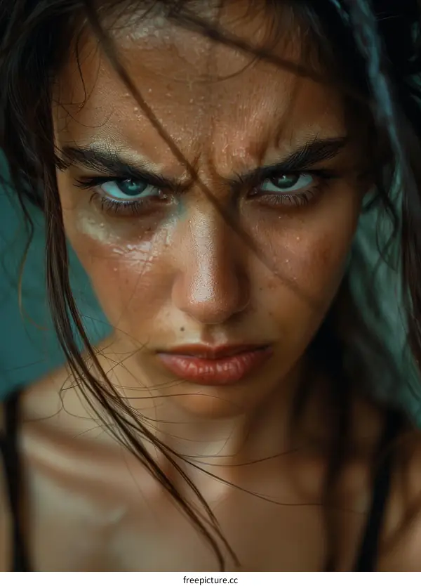 Close-up Portrait of a Caucasian Woman with Intense Expression