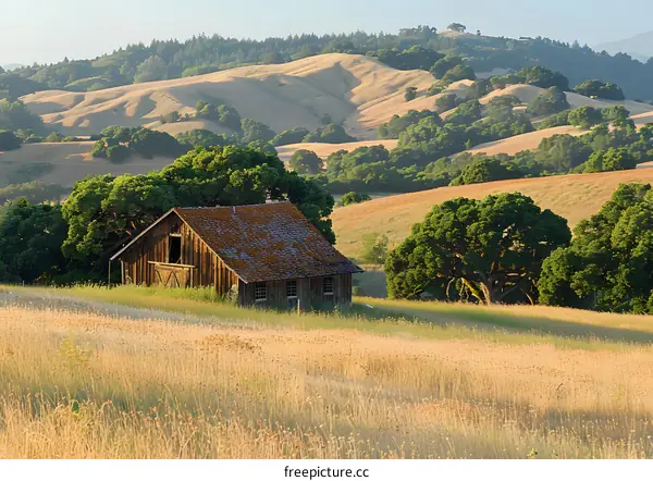 An old barn sits in a rural field with rolling hills in the background