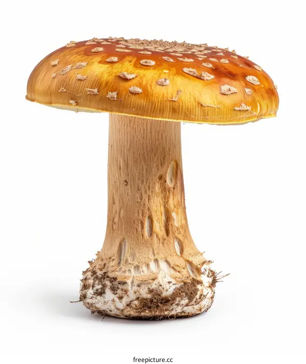 Close up of a large orange toadstool mushroom with white spots