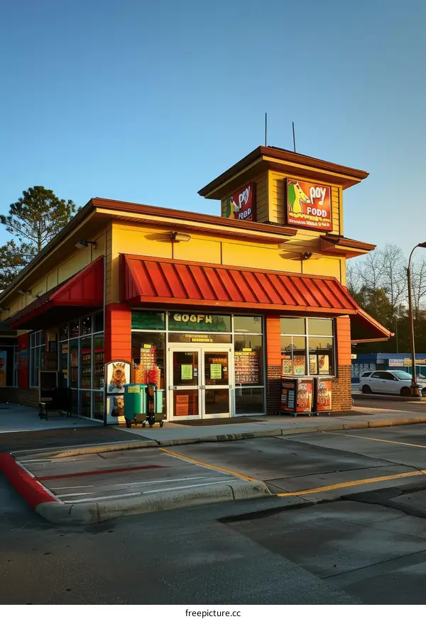 Small Gas Station with Red Awning and Large Windows