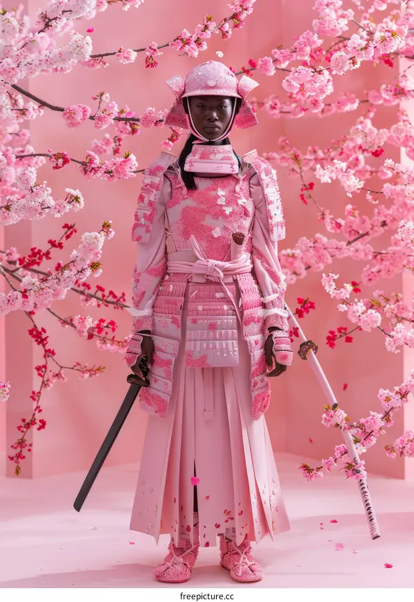 Black Female Samurai in Pink Blossoms