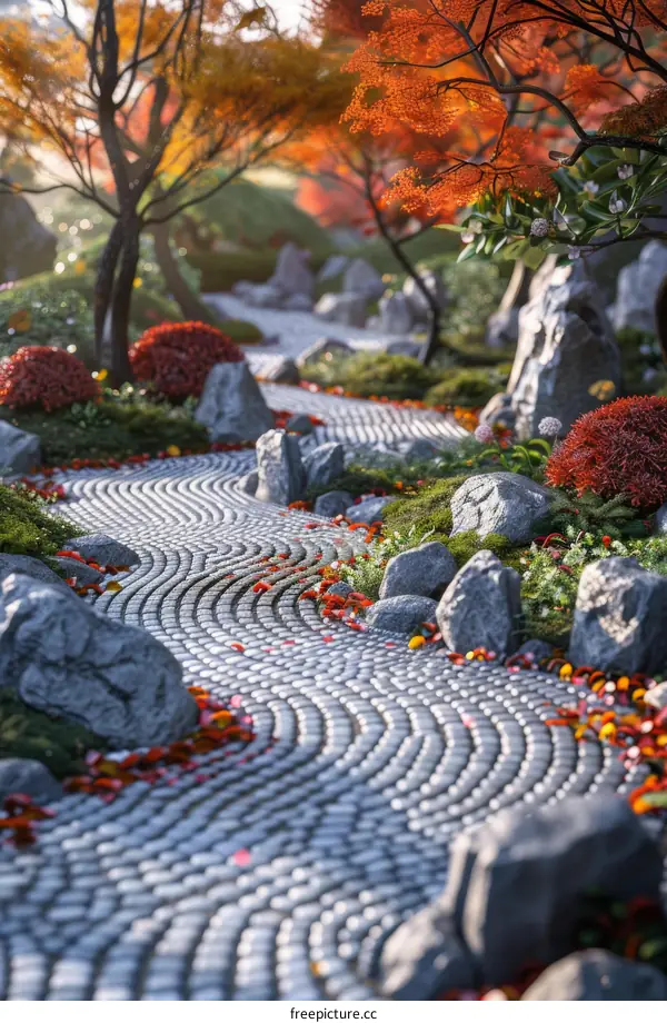 Zen Garden Serenity: Stones, Path, and Autumn Leaves