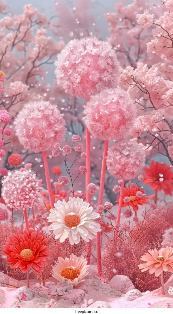 Vibrant Pink Flowers and Dandelions in a Field