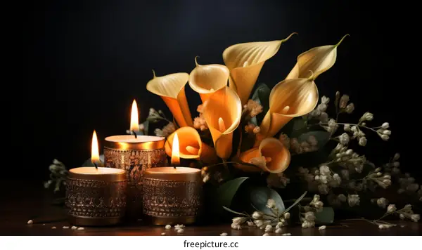 Elegant dark background image of yellow calla lilies and white baby's breath flowers with three burning candles