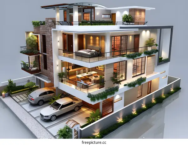 3D rendering of a modern house with a pool