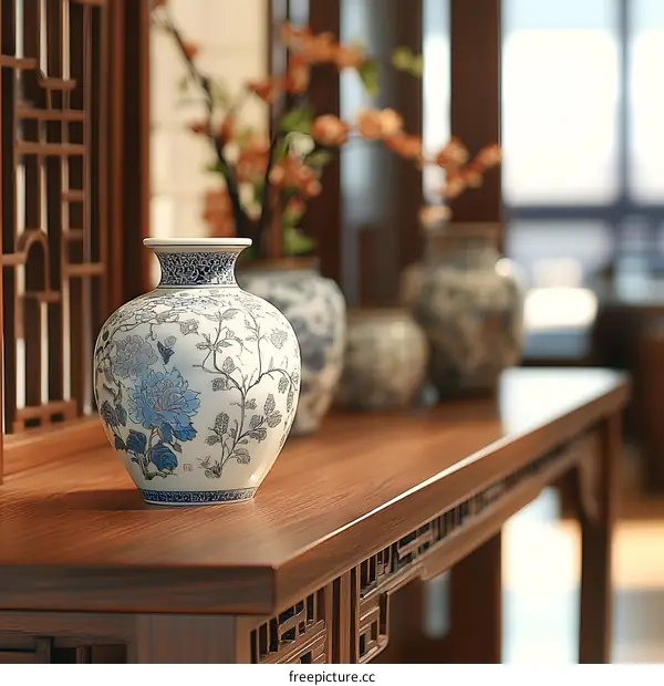 Blue and White Porcelain Vase on Wooden Table