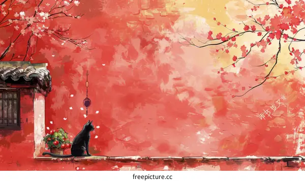 A black cat is sitting on a red wall under a cherry blossom tree