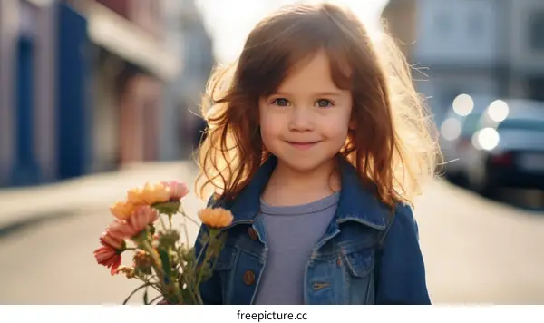 Little girl with flowers in a blue denim jacket