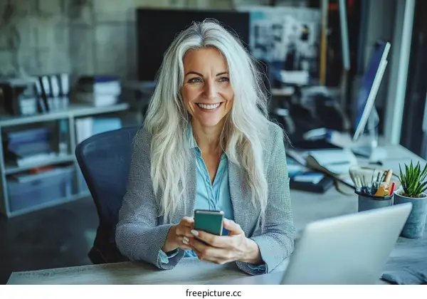Smiling Business Woman Using Smartphone in Modern Office