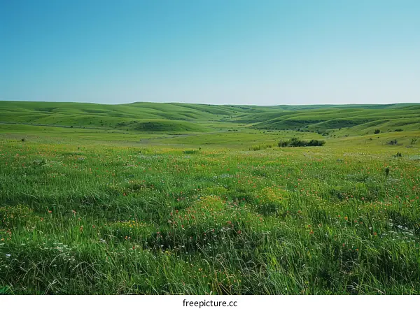 Wide panoramic view of green rolling hills under a vibrant blue sky