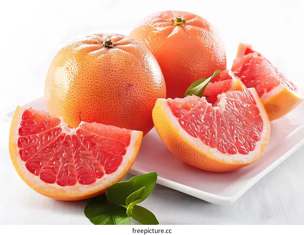 Fresh Ripe Grapefruit Slices On White Plate