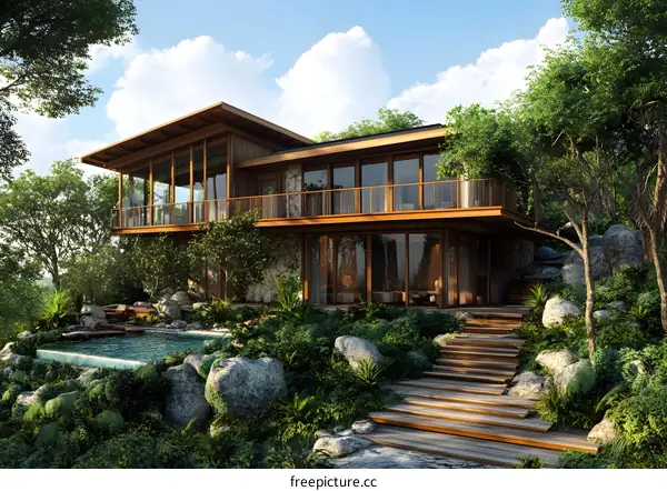 Modern House with Pool and Lush Greenery