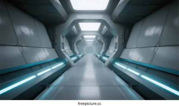 Futuristic spaceship corridor with blue lighting and metallic walls