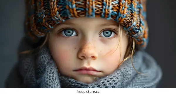 Portrait of a young girl with blue eyes and freckles wearing a colorful knit hat and scarf