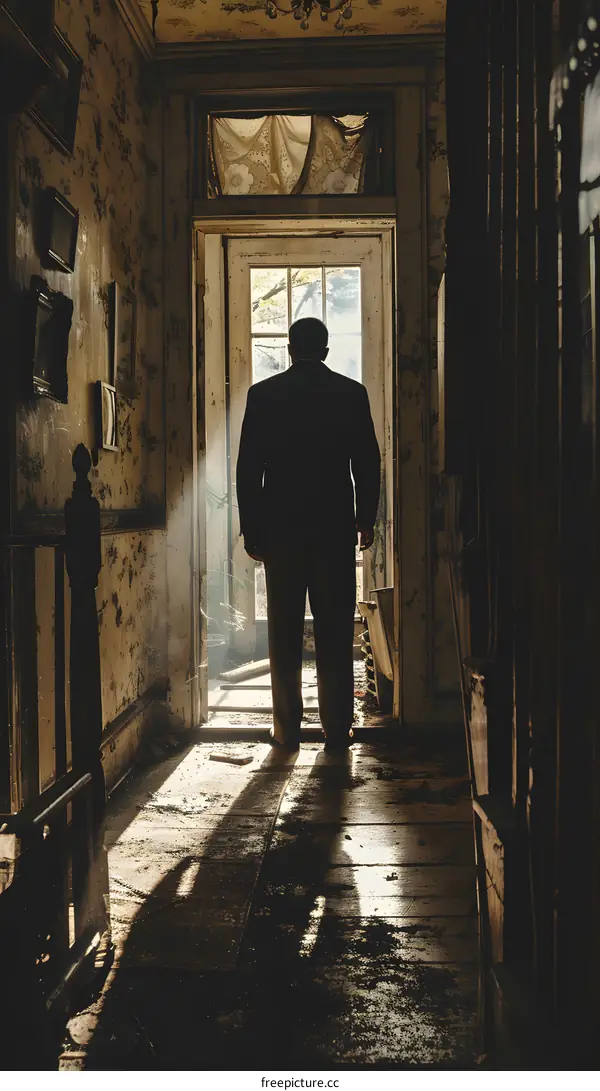 Man standing in a ruined hallway
