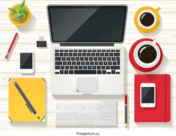 Top View Flat Lay of Workspace Desk with Laptop, Pencils and Coffee