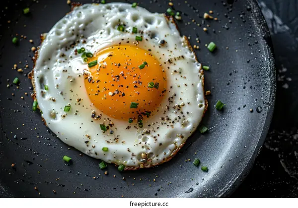 Fried egg with runny yolk on a frying pan