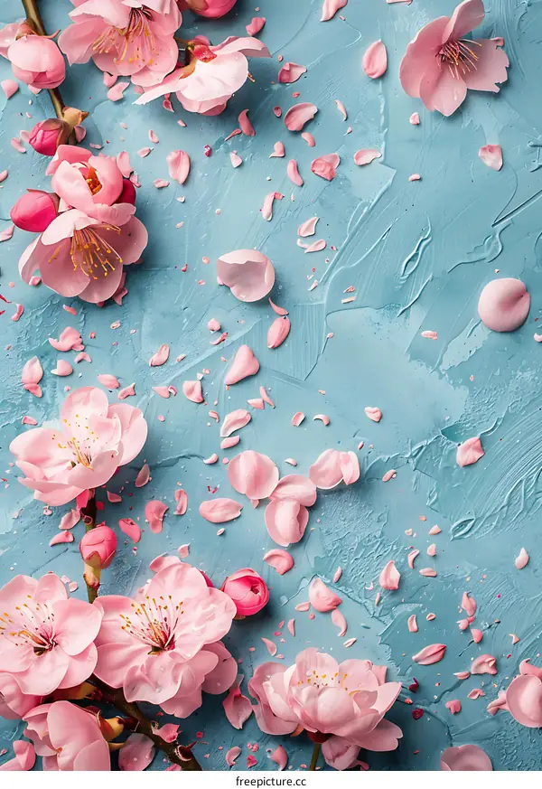 Pink Peach Blossoms and Petals on a Blue Background