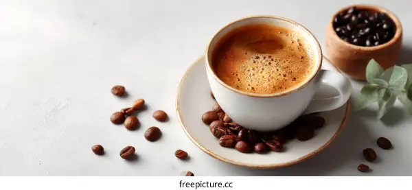Aromatic Coffee in a White Cup on a Light Background