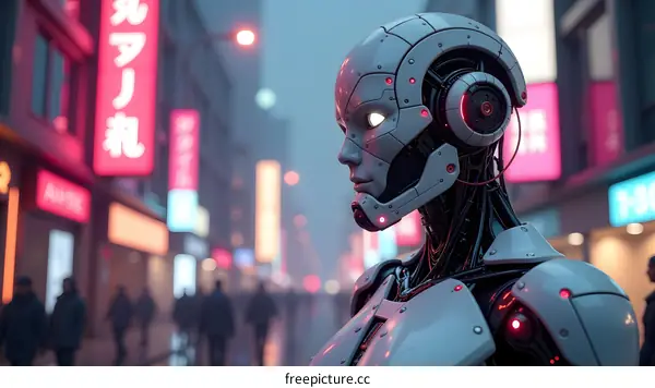 Futuristic Robot in a Night Cityscape Illustration