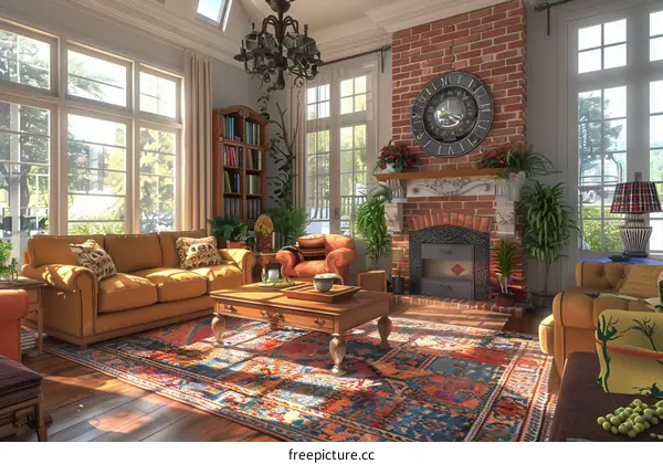 Retro home interior living room with fireplace and large windows