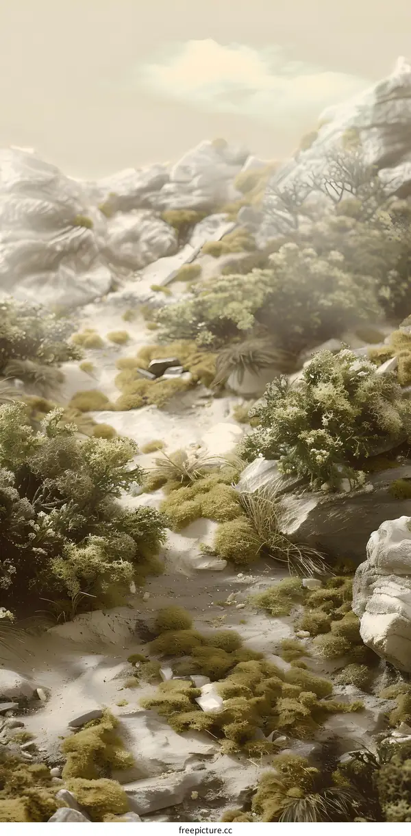 Misty Mountain Path with Moss and Rocks