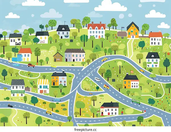Cartoon Illustration of a Small Town
