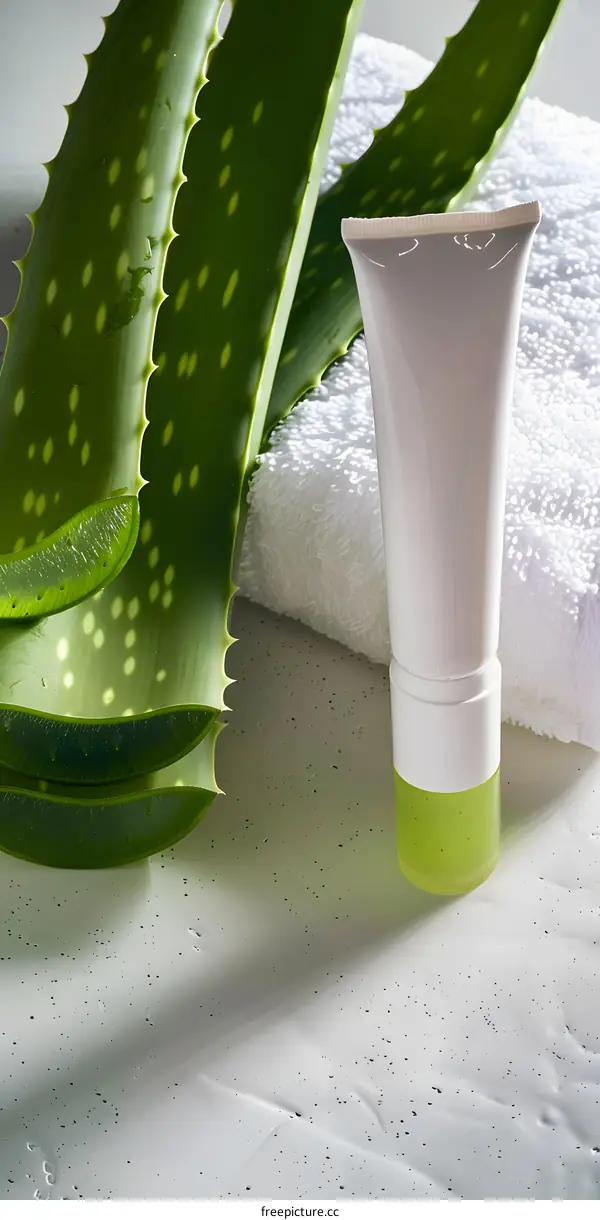 Aloe Vera Plant With Cream Tube And White Towel