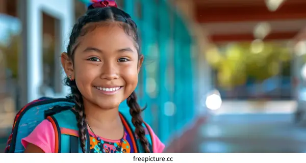 Portrait of a smiling Hispanic girl with a backpack