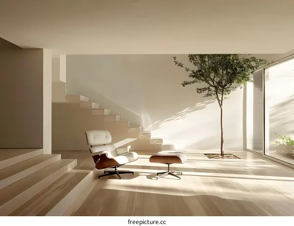 Modern Minimalist Living Room Interior Design with White Leather Chair and Tree
