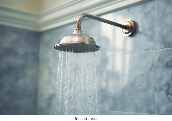 Shower Head with Water Flowing in Bathroom