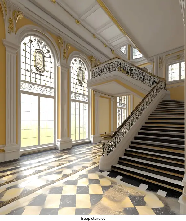 Classic Staircase Interior Design With Checkered Floor And Stained Glass Windows