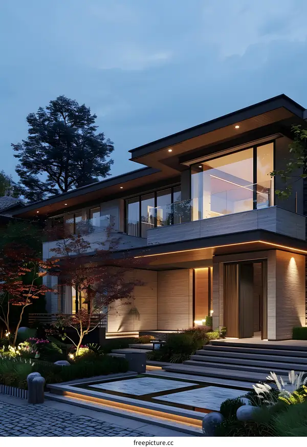 Modern House Exterior Design with Stone Facade and Landscape Lighting