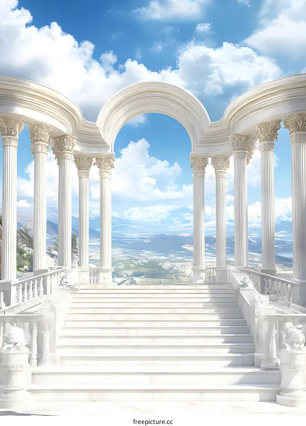 White Marble Staircase Leading To An Archway With A View Of Mountains And Sky