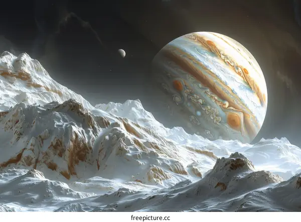 A beautiful painting of a snowy mountain landscape with a large moon and Jupiter in the background