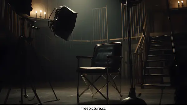 Dark Stage With Single Chair and Lighting Equipment