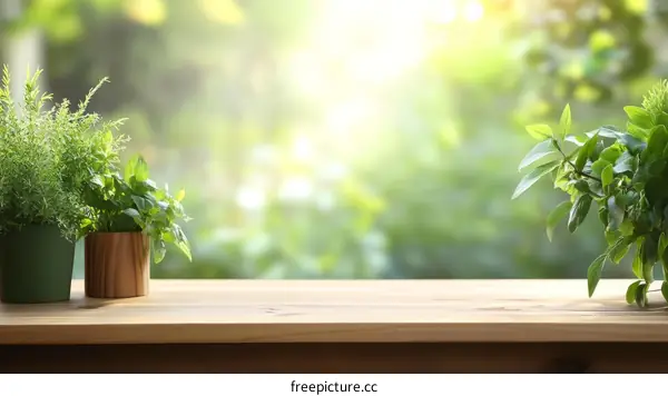Fresh Herbs on Wooden Table with Blurred Background