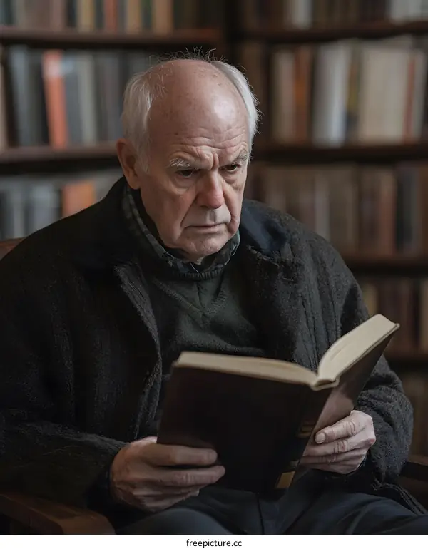 Senior Man Reading Book In Library