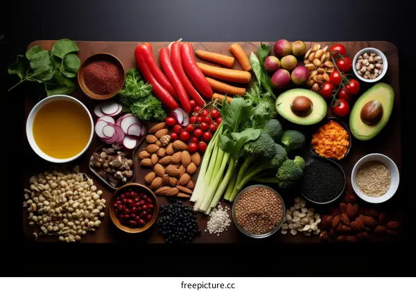 A variety of healthy food ingredients are arranged on a wooden table.
