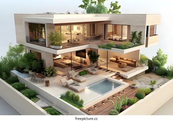 A Modern Home with Pool and Garden