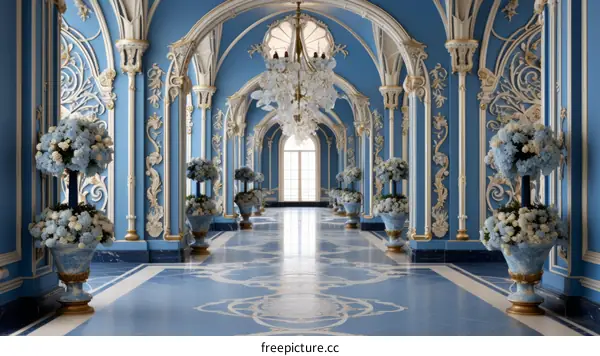 Elegant Blue and White European Corridor Interior