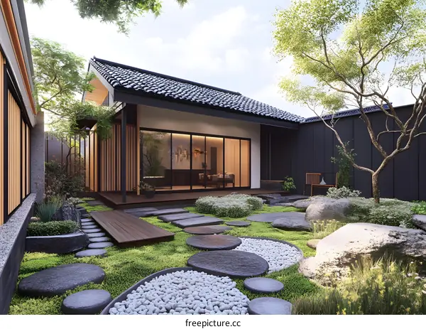 Japanese Garden with Stone Pathway and Minimalist House