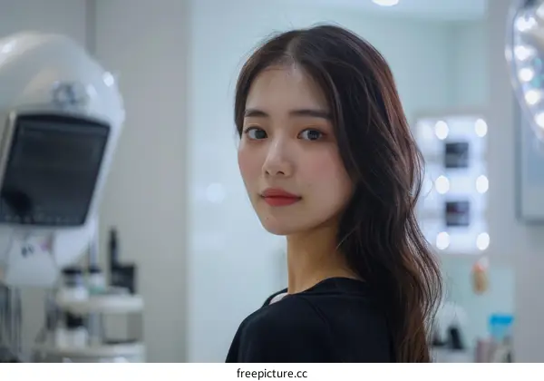 A young woman with long dark hair looking back over her shoulder