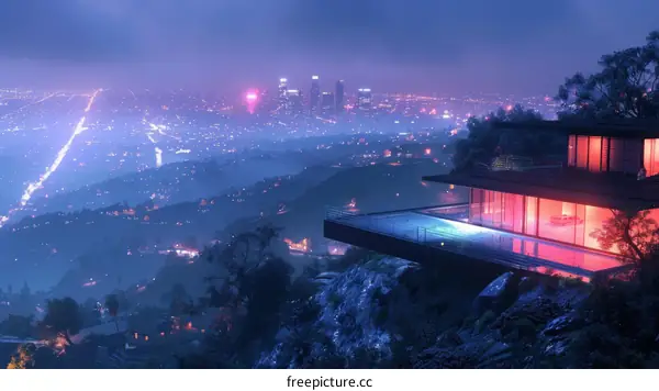 futuristic house architecture design with swimming pool and city view at night