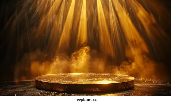 Golden podium with spotlights and smoke
