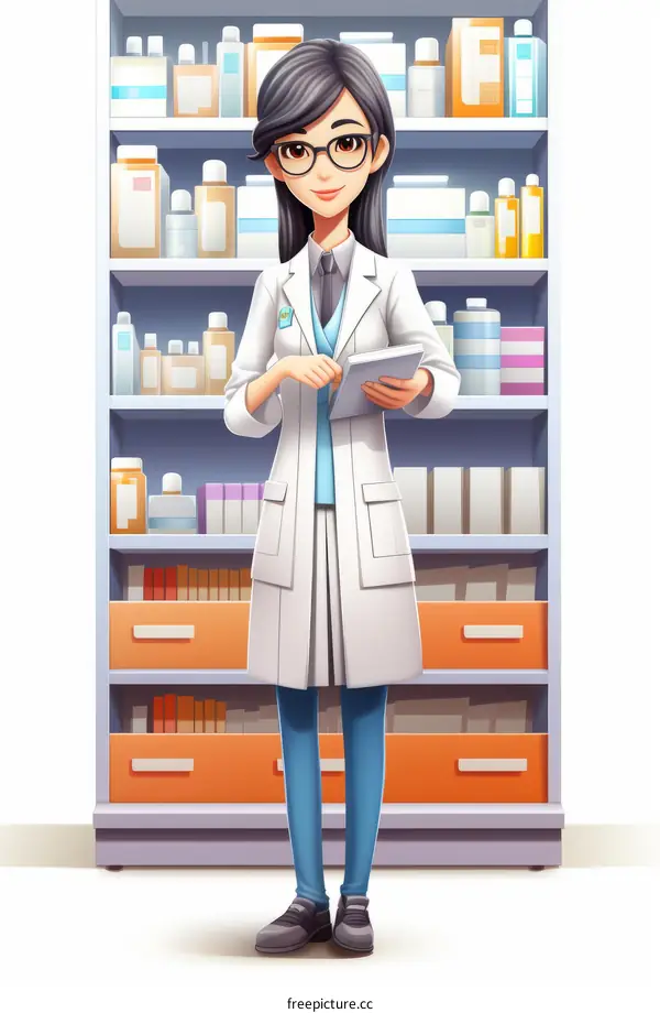 Asian female pharmacist wearing glasses standing in front of shelves holding tablet