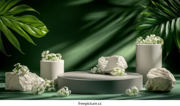 Botanical Product Display with Gray Pedestal and Stones