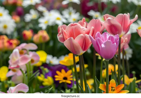 Colorful Tulips and Flowers in a Garden