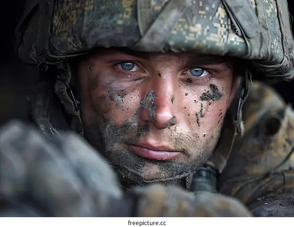 Portrait of a soldier with blue eyes and mud on his face